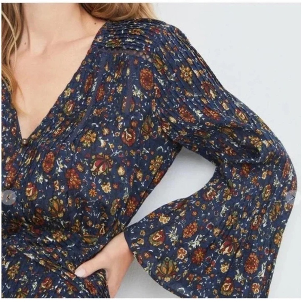 Veronica Beard Shireen Dress Ink Multi Vine Floral Long Sleeve Cotton Midi - Picture 3 of 16